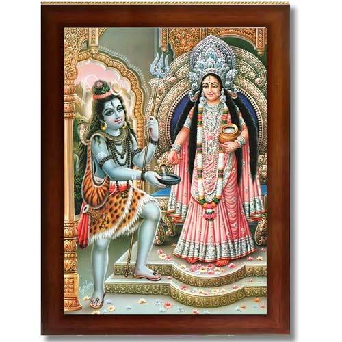 Image of CRAFT QUEST Shiva & Maa Annapurna devi sitting on throne photo frame with Laminated Poster for Kitchen Worship (Brown, 6 X 8 Inches)