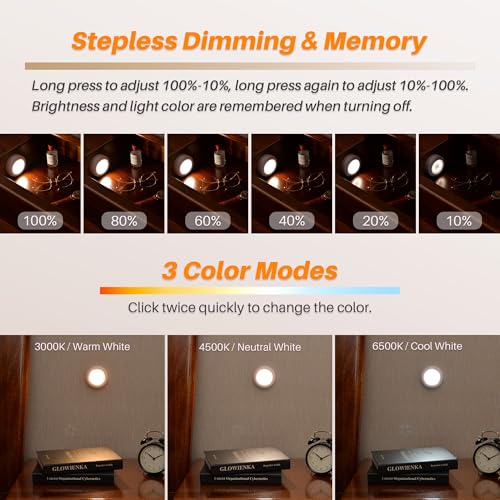Image of STAR-SPANGLED 8 Pack 3.1 inch Dimmable Push Tap Lights, Stick on LED Touch Puck Lights AA Battery Operated, 3 Color Modes Sticky Button Lamps for Classroom, Kitchen, Under Cabinet, Closet