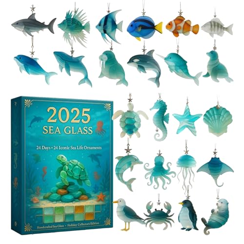 Sea Glass Marine Life Advent Calendars 2025, 24 Days Oceans-themed Christmas Countdown Ornament, 2D Acrylic Adorable Realistic Oceans Animals Christmas Tree Pendant, For Kids & Collectors Decoration