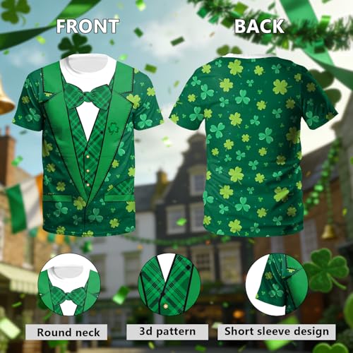 Image of Eciodci Men's St Patricks Day T-Shirts Novelty 3D Printed Shamrock Tuxedo Tees Shirt Clover Leaves Casual Short Sleeve Shirts