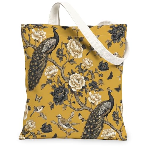Bolsa de lona de pavo real para mujer, diseño floral vintage con flores, pájaros, mostaza, lavable, reutilizable, para compras, brunch, parque, biblioteca, excursiones, 13 x 15 pulgadas
