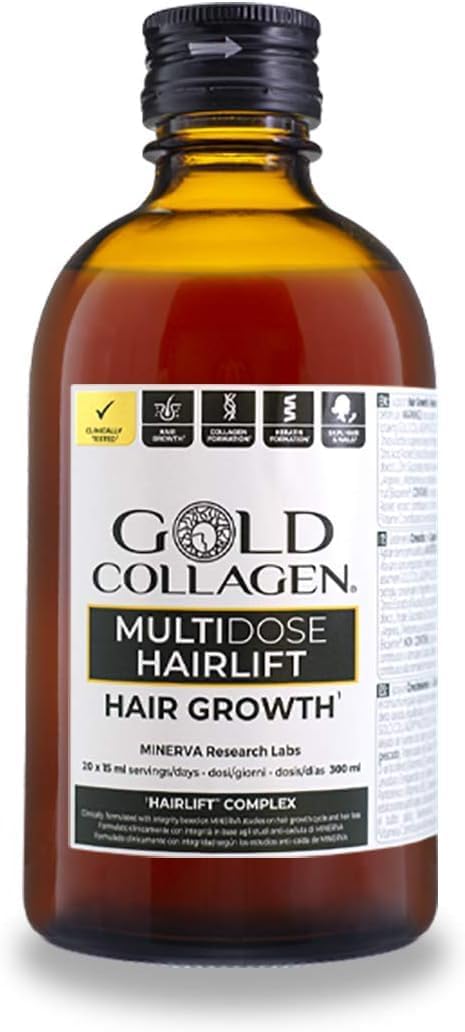 GOLD COLLAGEN Multidose Hairlift – Integratore liquido per capelli con Collagene marino con Acido Ialuronico, Biotina per capelli, Cheratina, Zinco e Vitamine Fortificanti per Capelli, Pelle e Unghie, 300 ml