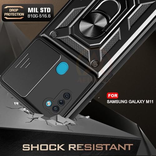 Image of Armor Bumper Back Cover Case for Samsung M11 | Rotating Camera Cover, Ring Holder & Kickstand | Heavy Duty & 360 Degree Protection Samsung M11 Back Cover (Black)