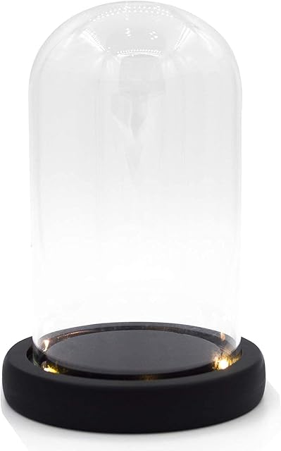 ACRLIE Glass Dome with LED Slot Light Black Base, Clear Glass Bell Jar Domes for Display Cloche, Keepsakes, Decorative Fill(9x12cm/3.5x4.7inch)