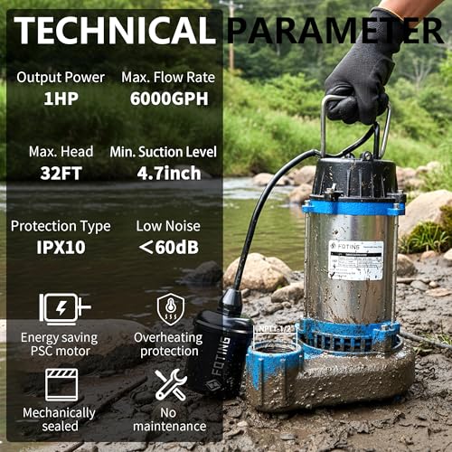 FOTING Sump Pump Submersible Sewage/Effluent Pump - Heavy Duty Cast Iron - 115V Septic Pump for Sump Basin/Residential/Sewage/Basement,Stainless Steel & Elevated Suction - Thumbnail 2