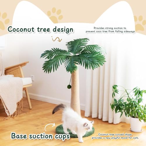 Image of 43.3inch Palm Tree Shape Style Sisal Cat Tree Scratching Post Cats, Wear Resistant Cat Claw Scratcher with Plush Stable Base & Hanging Toy Ball, Green