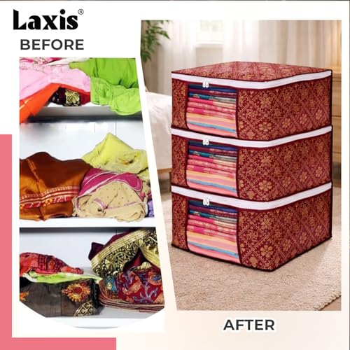 Image of LAXIS Saree Organiser for Wardrobe, Foldable Royal Print Saree Covers for Storage Set with Clear Window & Zipper, Golden-Mahroon (Pack of 6)