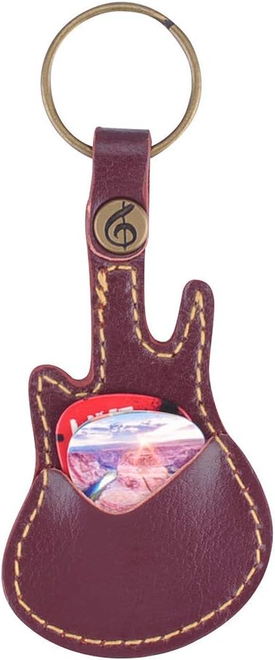 Leather Guitar Picks Case with Keychain & 5 Pcs Plectrums - Coffee Color