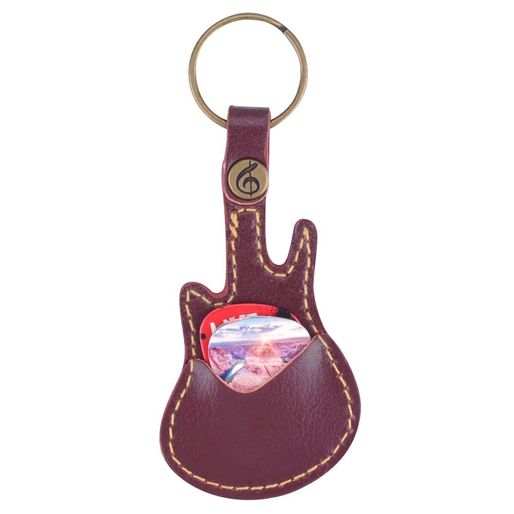 Leather Guitar Picks Case with Keychain & 5 Pcs Plectrums - Coffee Color