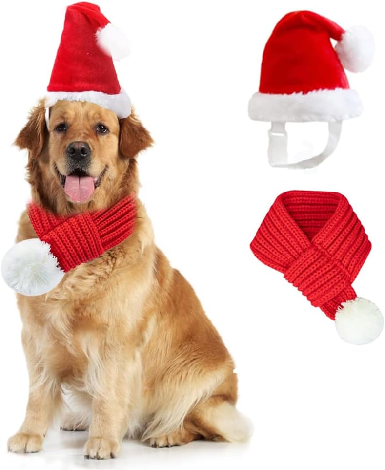ANIAC Dog Santa Hat with Scarf Kids Xmas Cap Doggy Christmas Costume Pet Warm Headgear and Neck Accessories for Medium Big Dogs and Kids (Large)