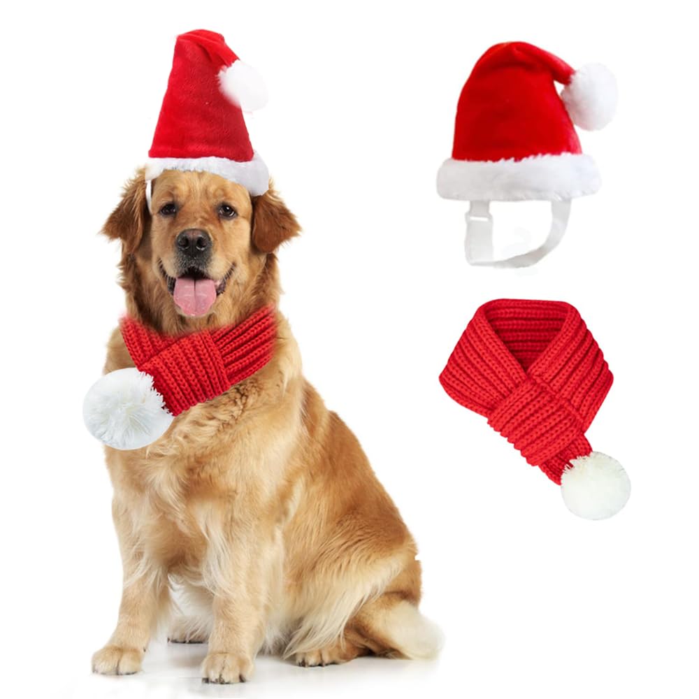 ANIAC Dog Santa Hat with Scarf Kids Xmas Cap Doggy Christmas Costume Pet Warm Headgear and Neck Accessories for Medium Big Dogs and Kids (Large)