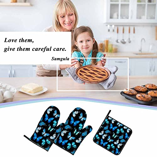 Samgula Blue Butterfly Oven Mitts And Pot Holders Sets Bright Nature Ornate Beauty Heat Resistant 3Pcs For Cooking Baking Bbq #TOP6