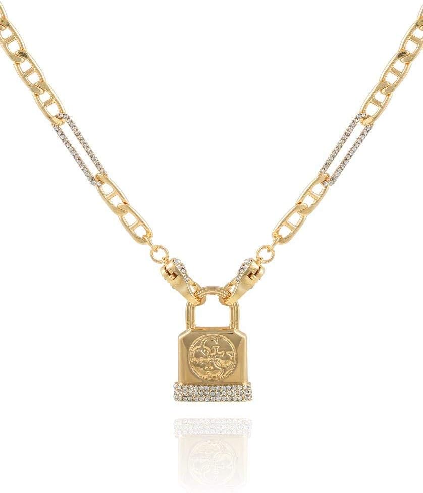 GUESS womens Gold-Tone Chain Necklace Logo Padlock Pendant