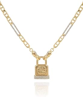 GUESS womens Gold-Tone Chain Necklace Logo Padlock Pendant
