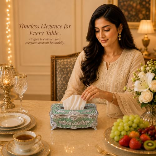 Image of Diviniti Premium Decorative Tissue Holder Box for Home Decor | Elegant Floral Metal Tissue Box Holder with Premium Silver Finish | Tissue Paper Dispenser for Dining Table, Office & Bathroom