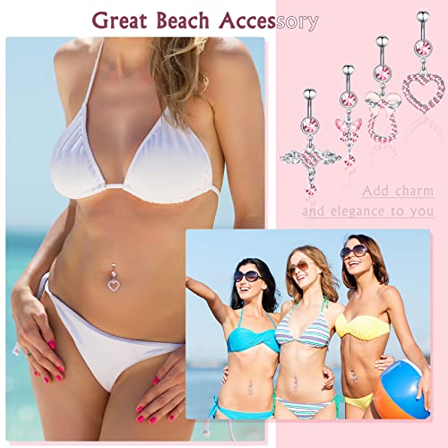 Junkin 20 Pcs 14G Dangle Belly Button Ring, Dangling 316L Surgical Steel Navel Rings Cubic Zirconia Belly Piercing Jewelry Women's Body Piercing Barbells, Silver Pink #TOP4
