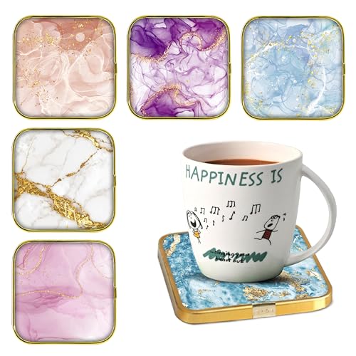 Image of Goelite Stylist Modern Wooden Coasters with Golden Border, Set of 6 with Stand, Handmade for Tea Cups, Coffee Mugs, Beer Mugs, 10 x 10 cm (Shells Pattern)