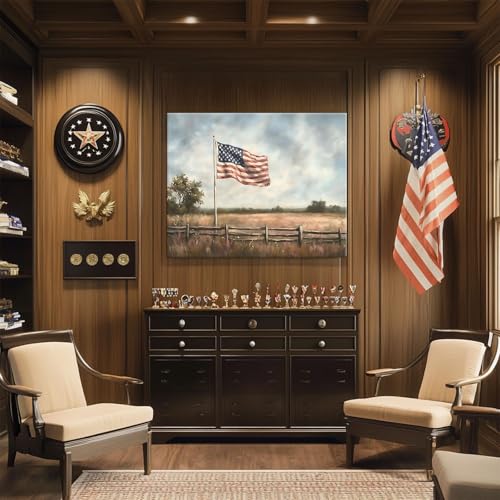 Image of Memorial Day Canvas Wall Art, Rustic American Flag in Countryside Field Poster, Patriotic Landscape Print, Vintage USA Flag Framed Artwork for Veterans and Independence Day Decor 8x10inch