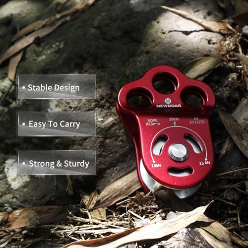 NewDoar 30 KN CE-zertifizierte DREI-Loch-Rettungs Kletterrolle Mikro Seilrolle für max. 13 mm Umlenkrolle mit Lager zum Abseilen, langlebige Seitenplatten-1 Stück