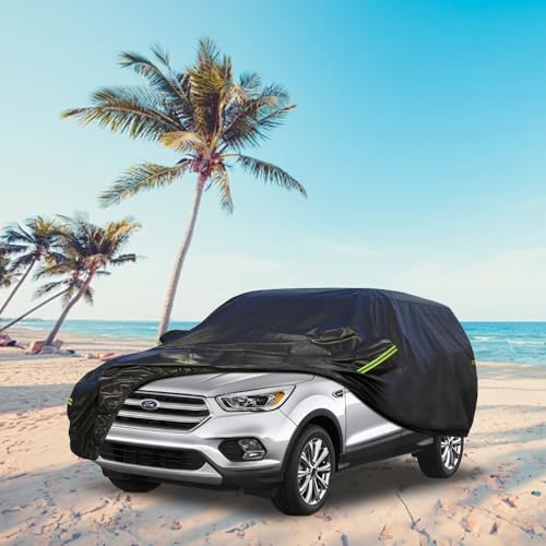 Image of KouKou Waterproof SUV Car Cover Suitable for Ford Escape from 2000 to 2025, 7 Layers Windproof All Weather Waterproof Outdoor Cover Sun Rain UV Dust Snow Protection. Black