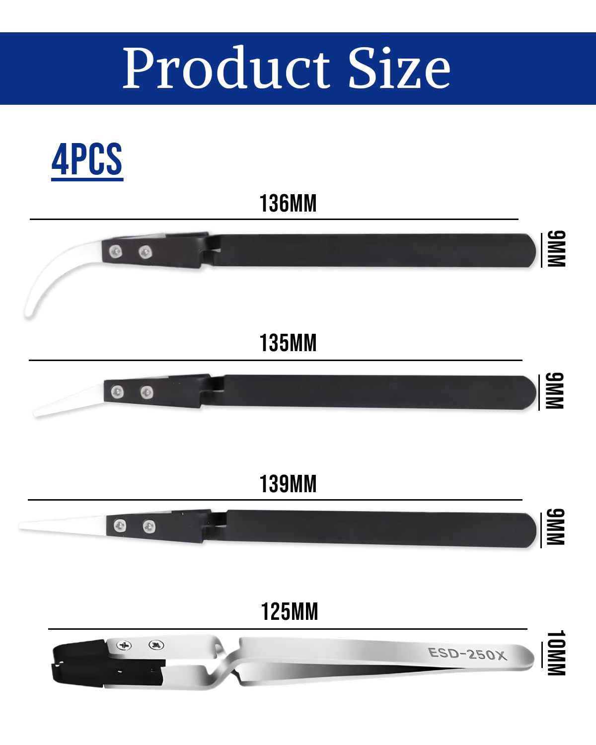 4 pezzi Pinzette di precisione per elettronica in acciaio inox con punte in plastica antistatiche intercambiabili, set professionale pinzette ESD per laboratorio, gioielli, modellismo（02）