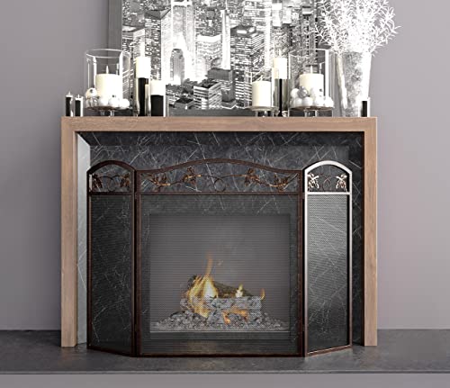 Calidola 3 Panel Foldable Fireplace Screen Spark Guard,Leaf Design Metal Mesh Rustic Copper Color - Thumbnail 3