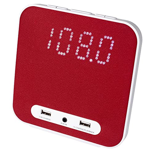 HANNLOMAX HX-145CR Alarm Clock Radio, PLL FM Radio, Digital Clock with Dual Alarm, 2 USB Ports for 2.4A and 1A Charging, Aux-in, AC Power Operation only. (Red)