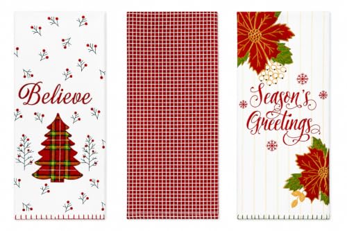 Christmas Holiday Kitchen Hand Dish Towels, Red & White Believe Greetings
