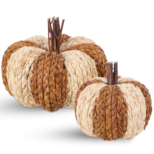 Image of winemana Woven Wicker Pumpkins Fall Pumpkin Decor, 2 Pack | Thanksgiving Table Centerpiece, Artificial Pumpkin for Home, Farmhouse Autumn Decorations Indoor Outdoor