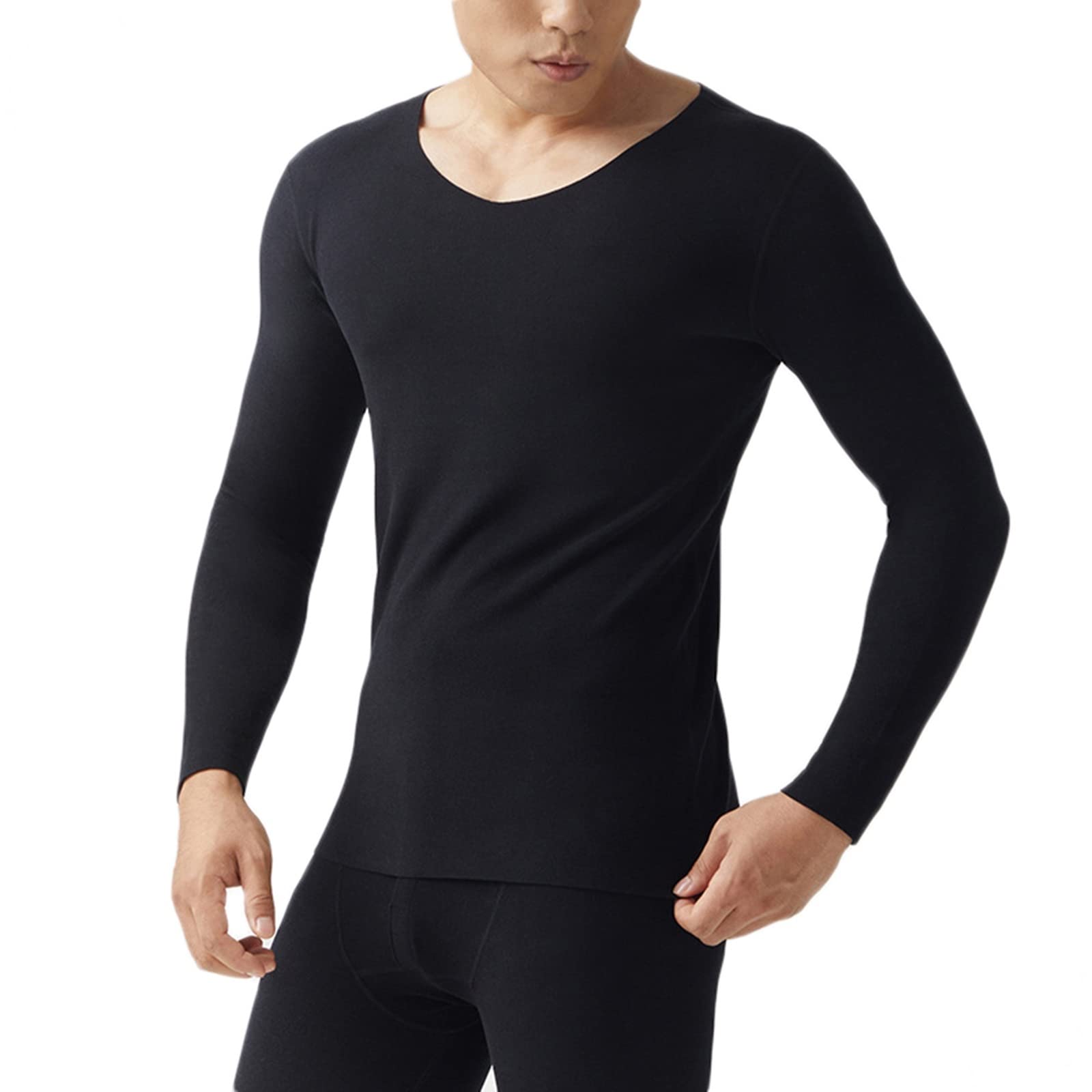 Dsnyu Men's Thermal Tops, Polyester V Neck Thermal Underwear Top, Black Long Sleeve Top XL