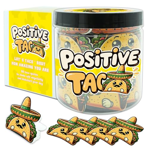 Positive Taco Jar, 60 Funny Emotional Support Taco Cards, Back to School Gift for Students, Teachers, White Elephant Gifts For Women, Men, Coworker, Mental Health Gift, Birthday Gifts for Women