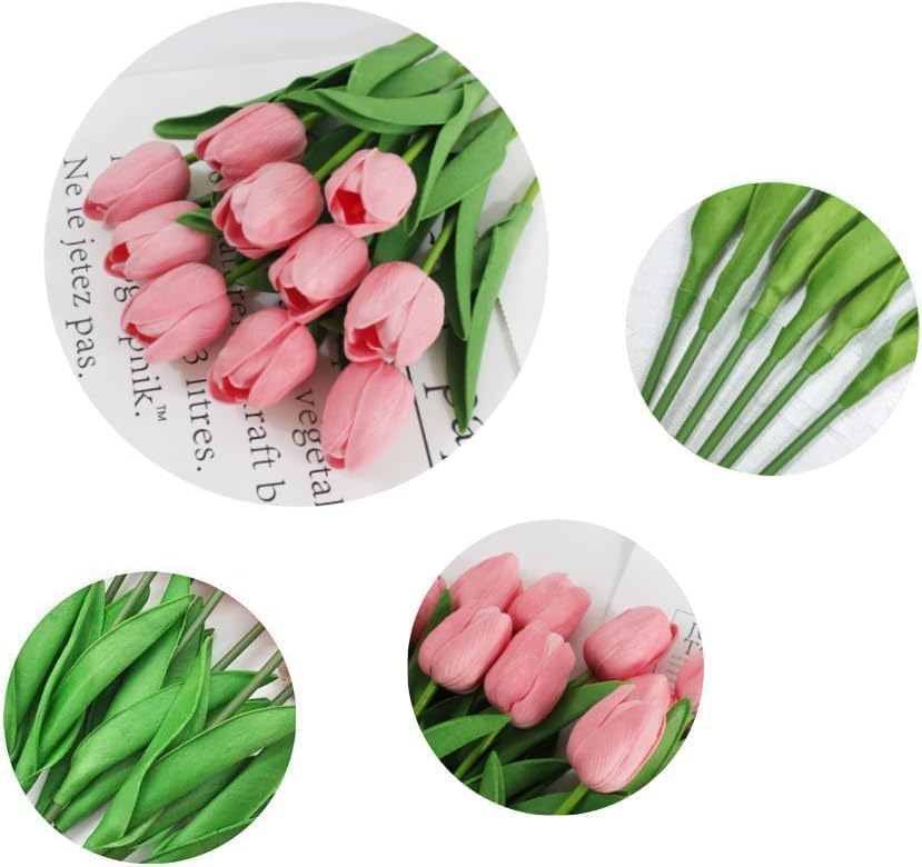 Image of Artificial Tulip Flowers (5 Tulips, Vase Not Included) - Realistic Faux Tulips for Home Decor, Living Room, Bedroom, Office, Wedding Decoration, Table Centerpiece & Gifting Pink