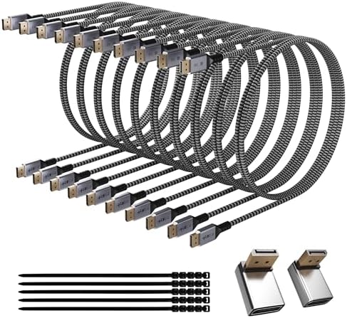 VESA Certified 8K DisplayPort 1.4 Cable 6 FT/10 Pack, 32.4Gbps High-Speed 8K@60Hz 4K@144Hz 2K@240Hz, HBR3 HDCP HDR, Braided Display Port DP Cord for Gaming Monitor PC TV Graphics+25 Ties+2 Adapters