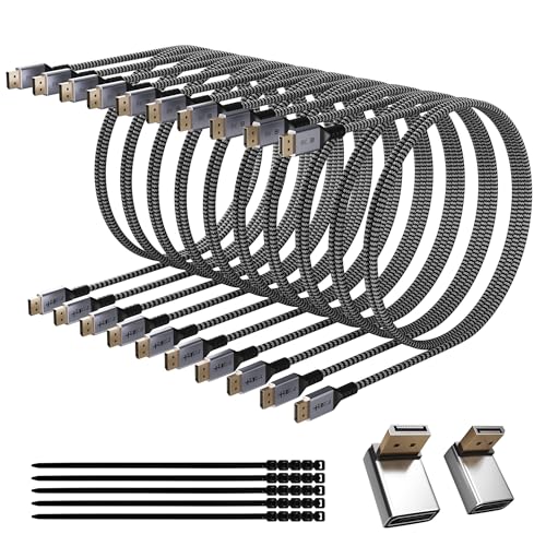 VESA Certified 8K DisplayPort 1.4 Cable 10 FT/10 Pack, 32.4Gbps High-Speed 8K@60Hz 4K@144Hz 2K@240Hz, HBR3 HDCP HDR, Braided Display Port DP Cord for Gaming Monitor PC TV Graphics+25 Ties+2 Adapters