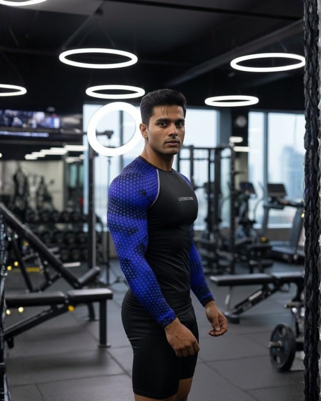 Image of Mens Gym Compression T-Shirt | Polyester Full Sleeve Sports Wear and Rash Guard for Training Workout and Athletic Activewear