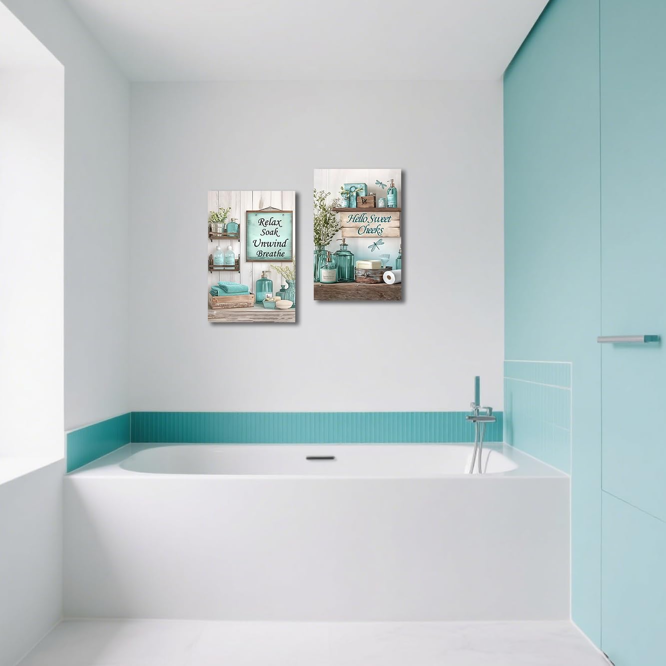 BJYCHG Farmhouse Bathroom Wall Decor 2 Pieces Rustic Bathroom Picture Quotes Sign Canvas Prints Vintage Flower Bottles Painting for Toilet Laundry Framed (Teal, 12x16inchx2 Pieces)