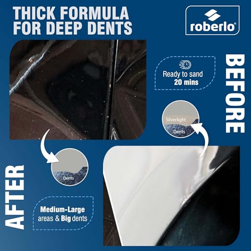 Roberlo Silver Light Lightweight Body Filler - Ultra Lightweight & Paintable for Car Repairs - Adheres to Fiberglass, Metal, Plastic & More - Ideal for Dents & Scratches - 3 Liters + Hardener