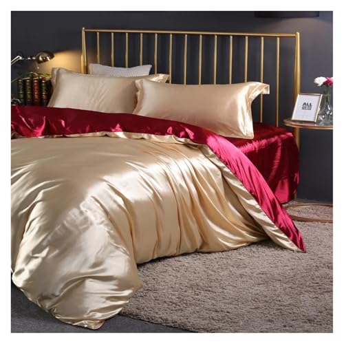 Sabanas De Saten Juego de ropa de cama de seda con funda nórdica, juego de funda de cama tamaño queen y king, 4 piezas, juegos de ropa de cama Sabanas Seda(Gold red,FLAT BED SHEET_TWIN SIZE 4PCS)