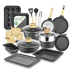 NutriChef 22-Piece Black Marble Non-Stick Cookware and Bakeware Set – Professional Home Kitchen Collection with Multi-Sized Pots, Pans, and Heat-Resistant Tools