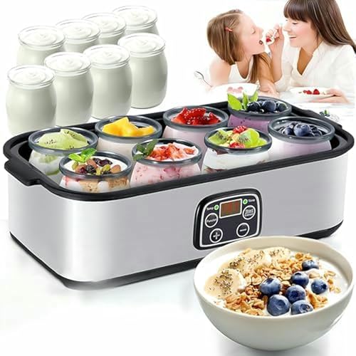 LASDERTV Maker di Yogurt, Macchina Automatica di Yogurt Digitale con 8 Barattoli di Vetro, Produttore di Yogurt Probiotico in Acciaio Inossidabile con Controllo Costante di Temperatura E Display LCD
