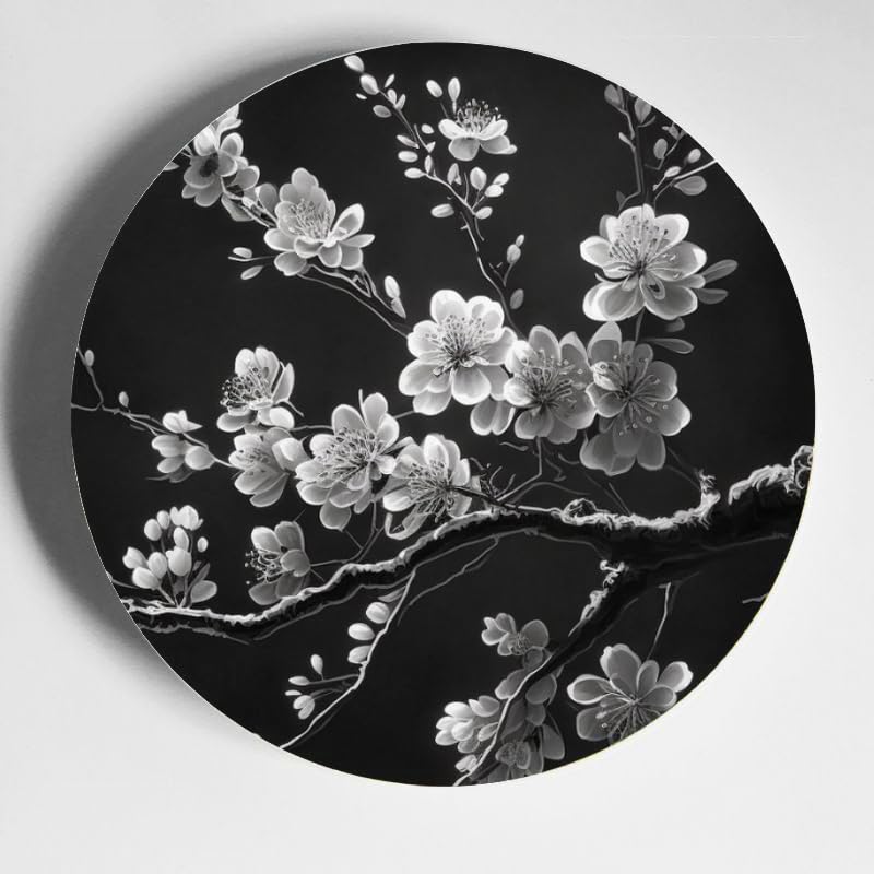 DNOVING Black and White Sakura Branch Ceramic Decorative Plate Ideal for Wall Hanging or Tabletop, with Stand DP-816742676