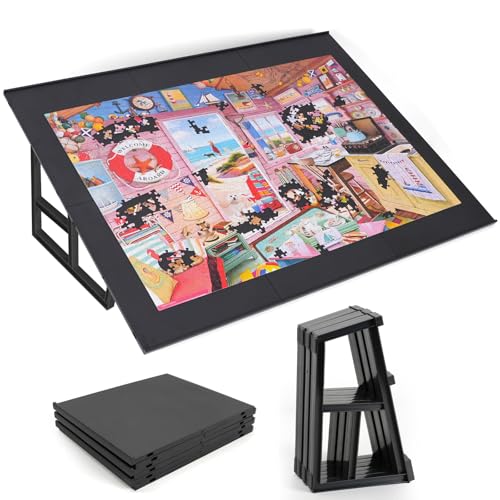 WELGEE 1000-Piecce Tilting Puzzle Board with Stand, 31” x 24” Lightweight Portable Puzzle Table for Adults & Seniors, DIY Customizable Puzzle Accessory Only 3.5 lbs (Black)