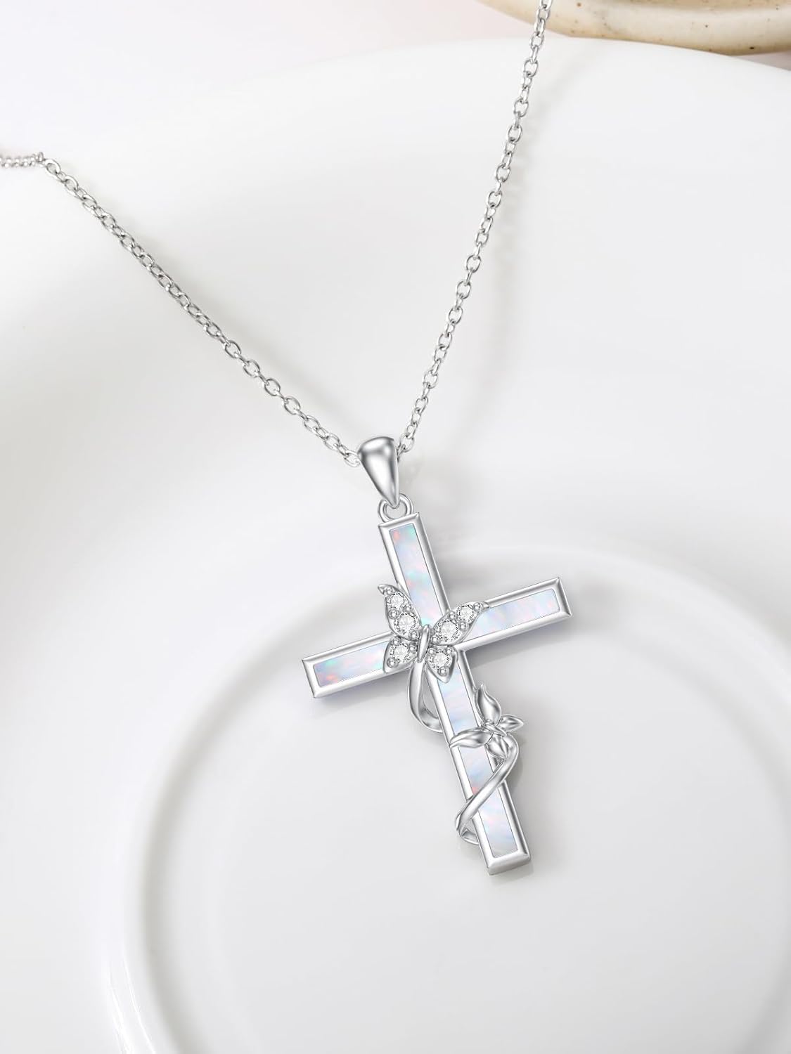 WINNICACA Cross Necklace for Women 925 Sterling Silver Butterfly Pendant Necklace Blue/White/Purple/Pink Opal Jewelry Gifts for Women Wife Girlfriend Birthday Valentines Day Gifts for Her Ideas - Image 6