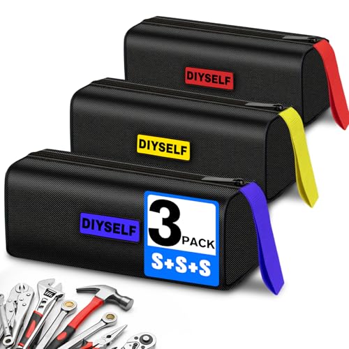 DIYSELF 3 Pack Small Tool Bags, 9.5-Inch Zippered Utility Bag, Carry Loops
