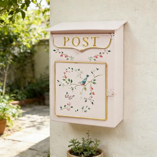 Image of Mailbox Wall Mount Mailboxes for Outside Vintage Mail Boxes for House Outside Metal Drop Box Antique Style Nostalgic Charm Home Decorative, Flower Pattern, Pink