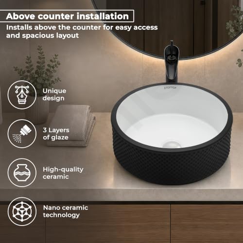 Image of Plantex Round Ceramic Table Top Wash Basin /Designer Counertop Washbasin /Vessel Sink for Bathroom /Home /Restaurant (White & Black-17 x 17 x 6 Inch)