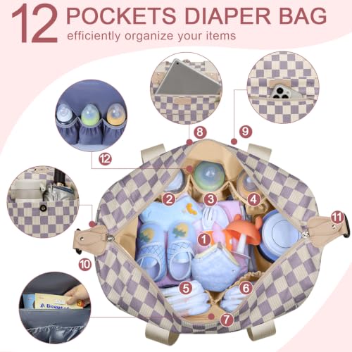 Image of Pritent Diaper Bag Tote - Diaper Baby Bags with Pacifier Case, Shoulder Straps, Stroller Clips, Waterproof Large Mommy Maternity Travel Baby Bag for Mom and Dad, Checkered purple, Medium