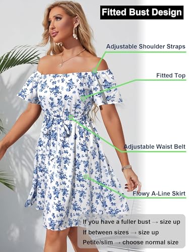Image of Off Shoulder Ruffle Dress for Women, A-Line Mini Dress with Belt, Fitted Bust Summer Wedding Guest Dress