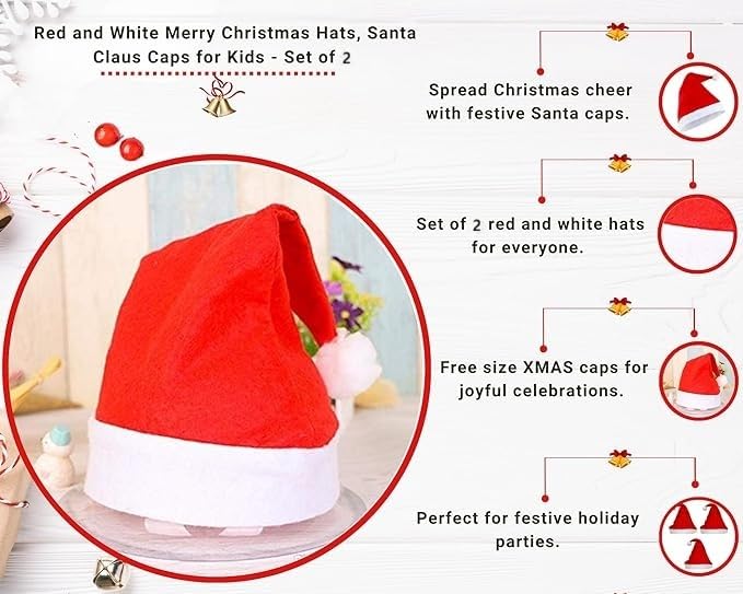 Image of PoPo Toys 2 Pcs Santa Claus Hat for Kids | Christmas Caps for Boys & Girls, Santa Claus Cap, Santa Hat for Kids, Christmas Caps - Red Size Kid