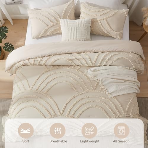Image of ENJOHOS Boho Comforter Set 3PC, Full Size, Beige, Dorm Bedding Sets for College Girls, Tufted Rainbow Design, Fluffy Lightweight Breathable Microfiber Comfoter